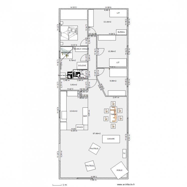 côtes réelles (sans placo)  avec cloisons. Plan de 0 pièce et 0 m2