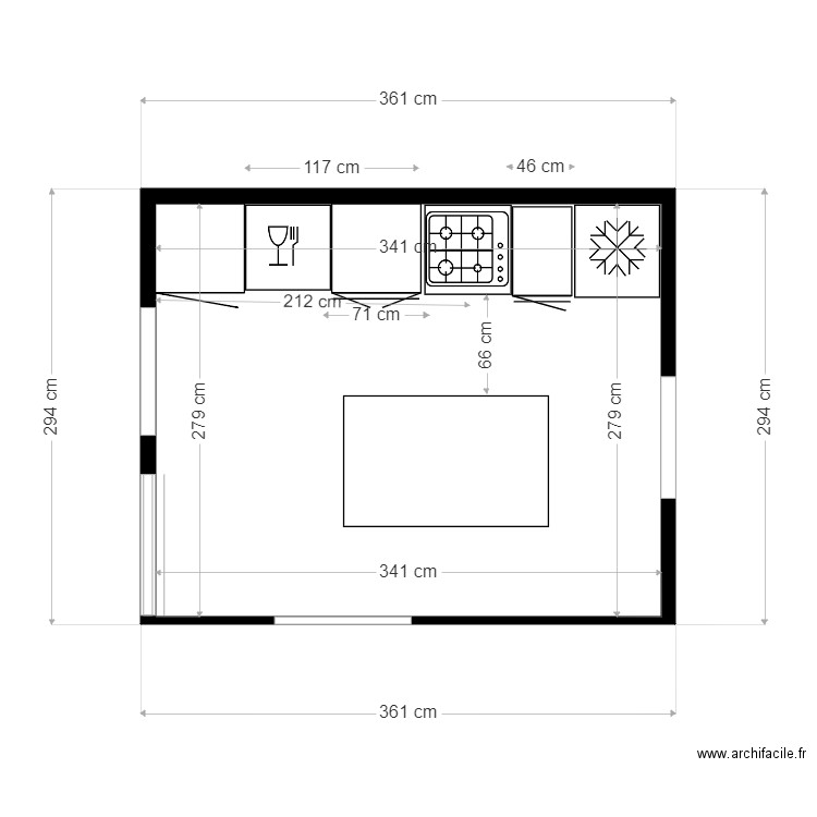 Cuisine aménagée implantation. Plan de 1 pièce et 9 m2