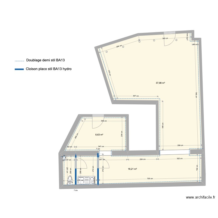 PLAN PROJET CLOISONNEMENT . Plan de 3 pièces et 65 m2