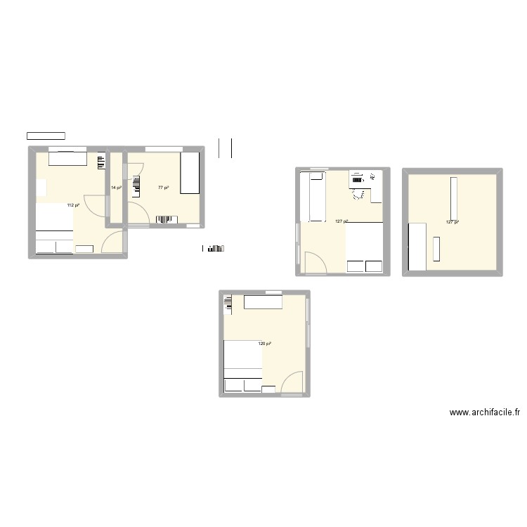Chambres 1er. Plan de 6 pièces et 54 m2