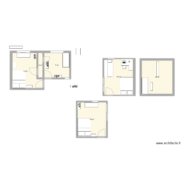 Chambres 1er. Plan de 5 pièces et 42 m2