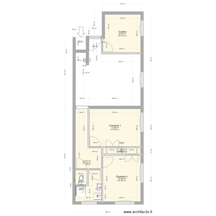 T3 R+1. Plan de 5 pièces et 42 m2