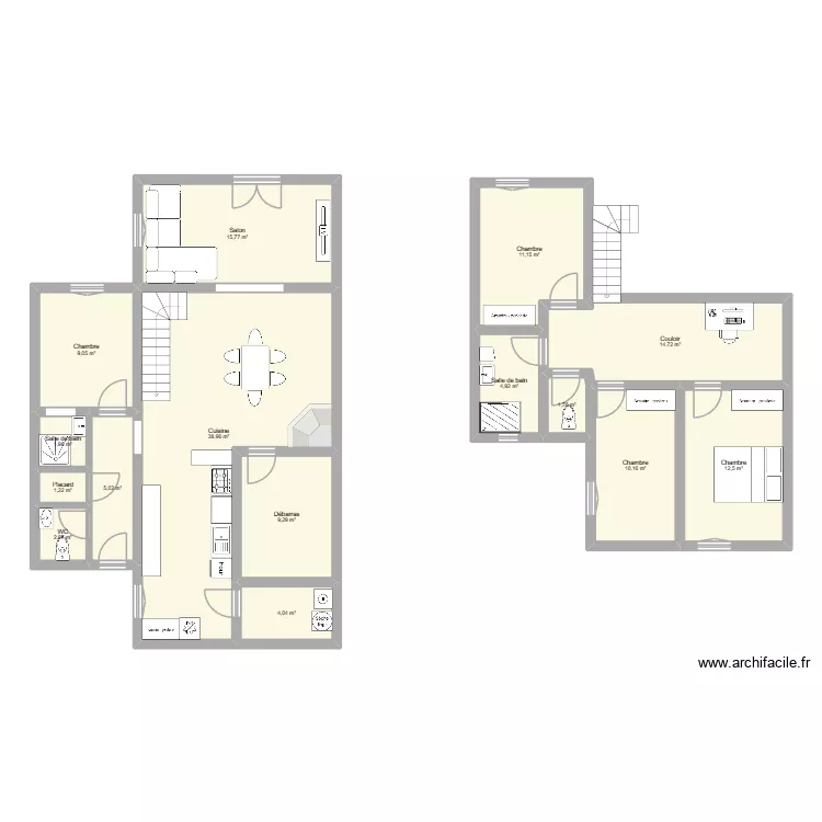 Jolie maiz. Plan de 15  et 143 m²