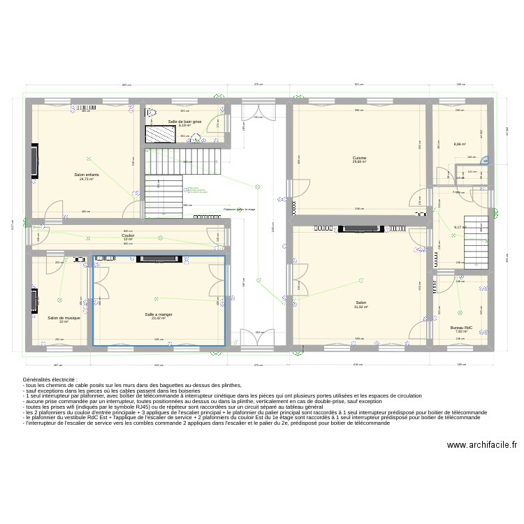 Platane RdC v2  Electricité. Plan de 10 pièces et 162 m2