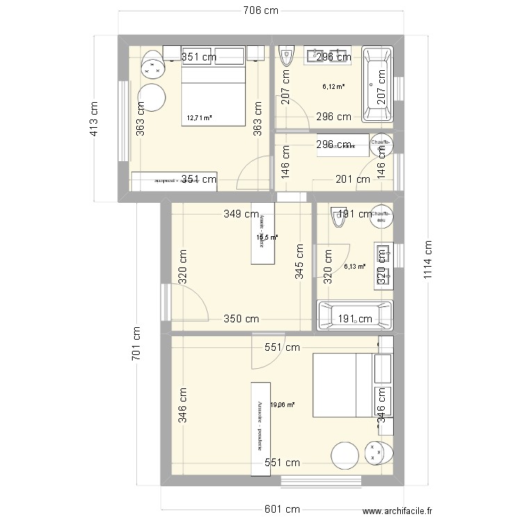 studios. Plan de 5 pièces et 46 m2