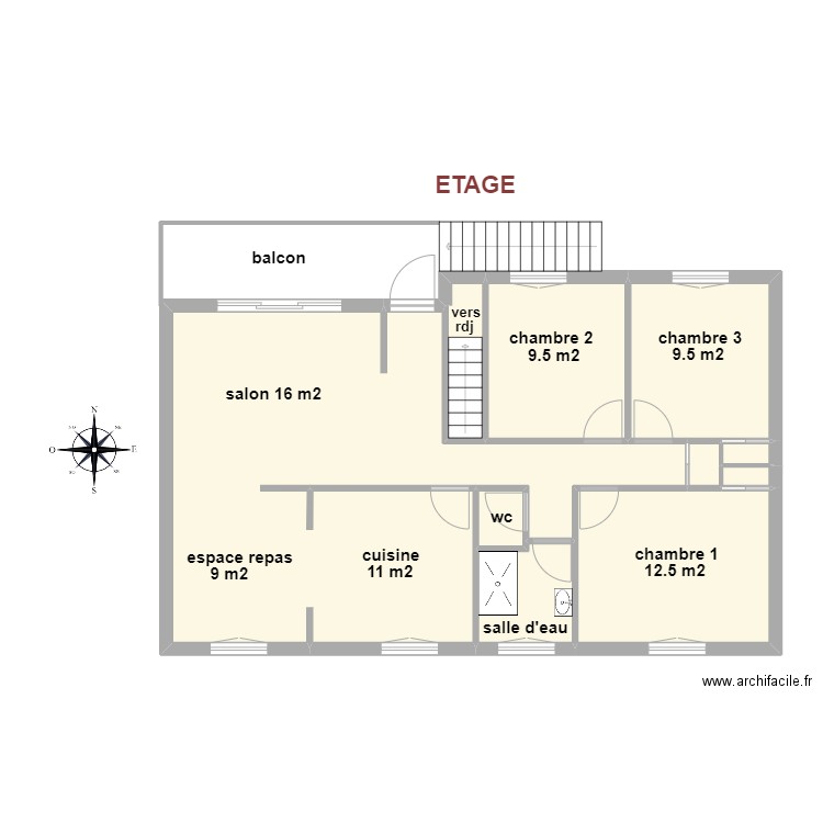 Dauchez étage. Plan de 10 pièces et 86 m2