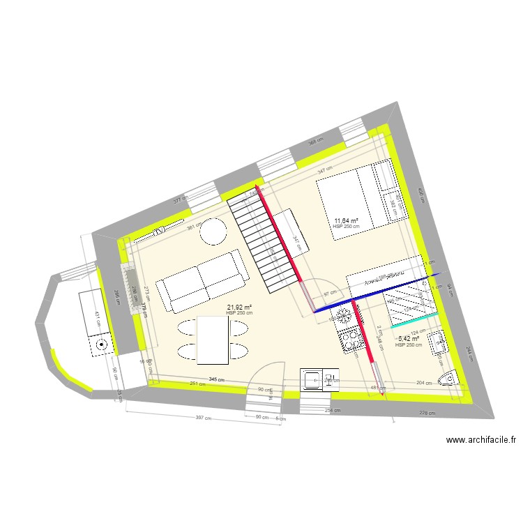 Razvan et Claire 1ère option. Plan de 3 pièces et 39 m2