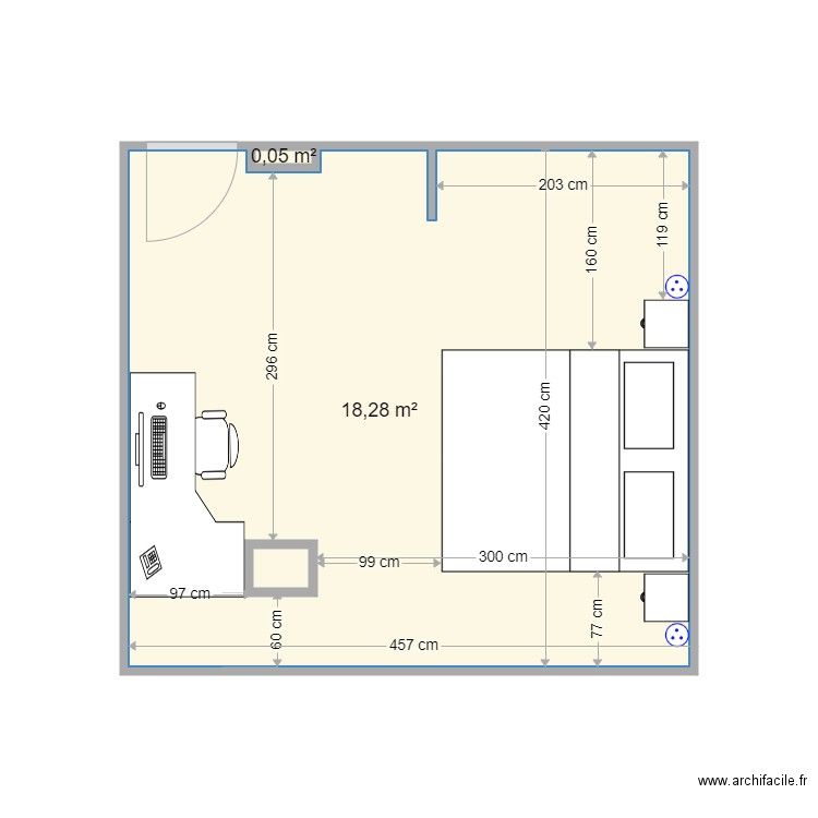 chambre baye. Plan de 3 pièces et 19 m2