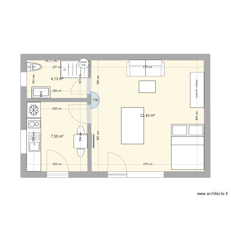 Atelier. Plan de 3 pièces et 34 m2