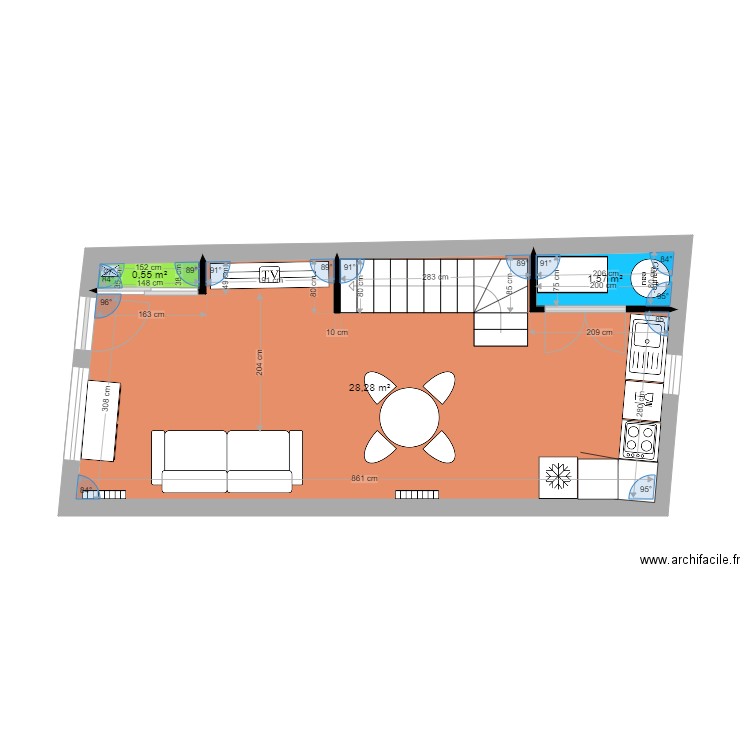 rdc duplex. Plan de 3 pièces et 30 m2