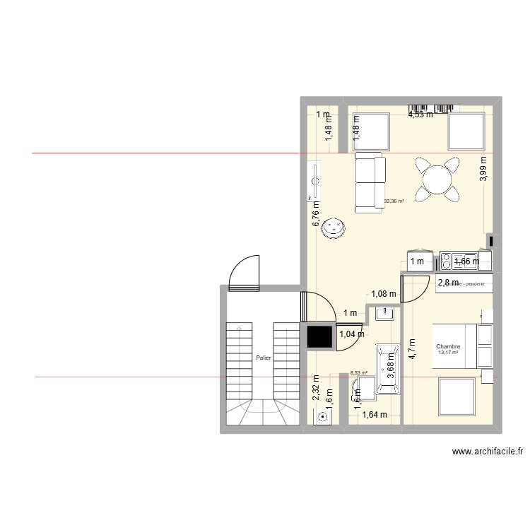 Beynost sous combles Appart T2. Plan de 7 pièces et 65 m2