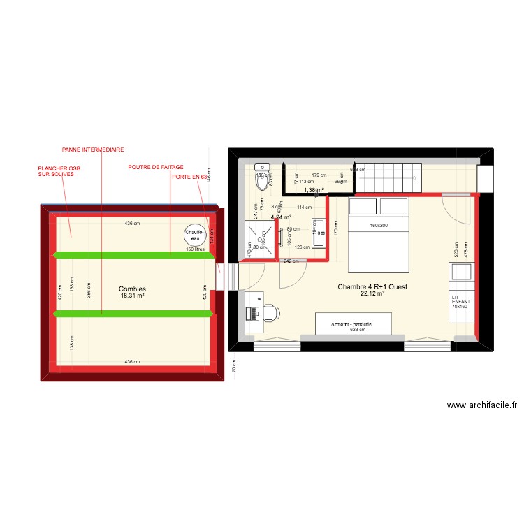 plans 5 NOV 22 chambre 4 R+1 Ouest + AUTRE aménagement SDE+ Combles + mobilier . Plan de 4 pièces et 54 m2