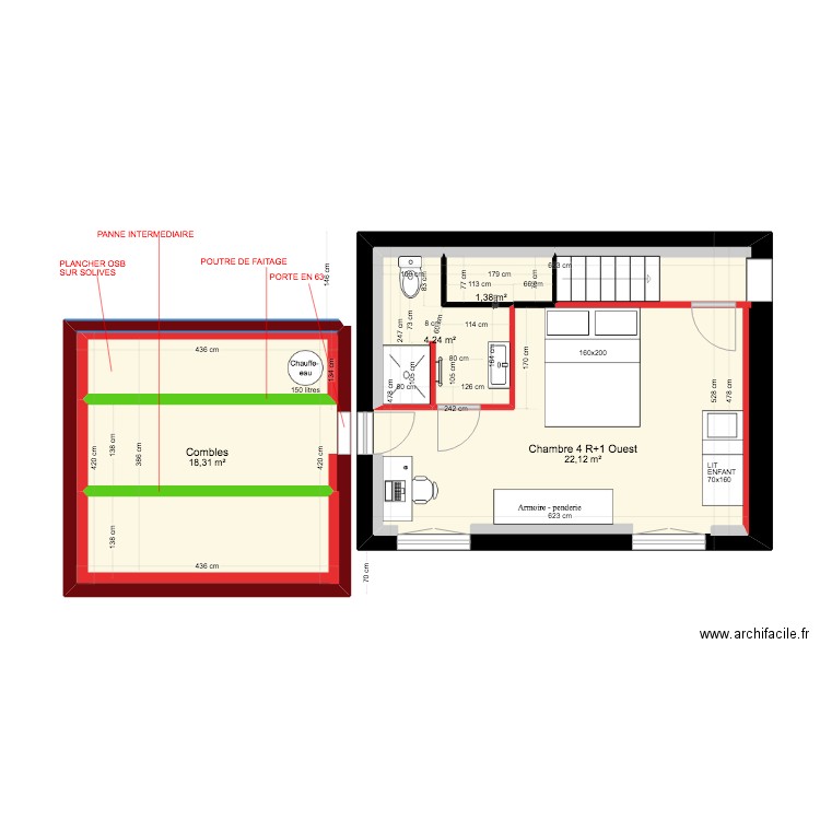 plans 5 NOV 22 chambre 4 R+1 Ouest + AUTRE aménagement SDE+ Combles + mobilier . Plan de 0 pièce et 0 m2