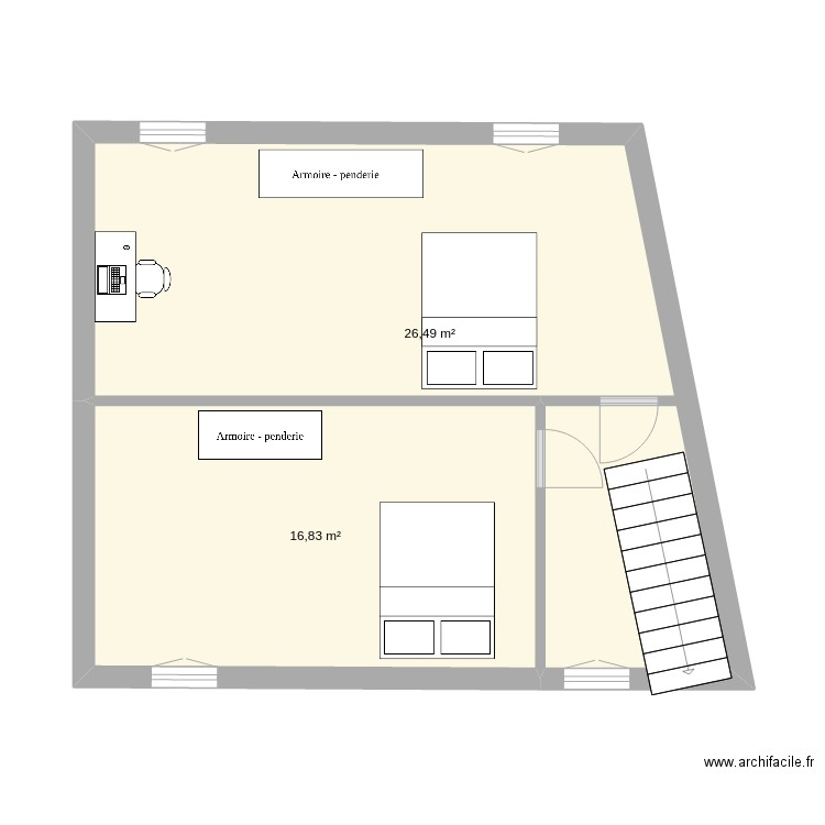 2eme étage. Plan de 2 pièces et 43 m2