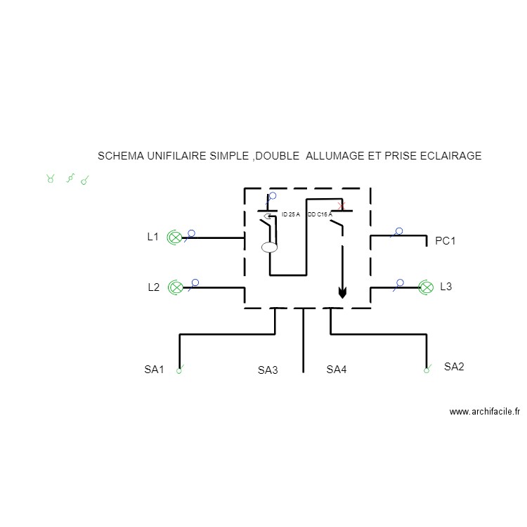 SCHEMA UNIFILAIRE SIMPLE ALLUMAGE ET PRISE ECLAIRAGE. Plan de 0 pièce et 0 m2