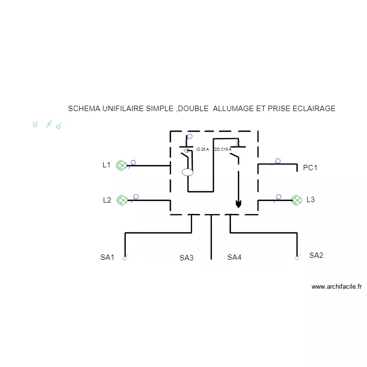 SCHEMA UNIFILAIRE SIMPLE ALLUMAGE ET PRISE ECLAIRAGE. Plan de 