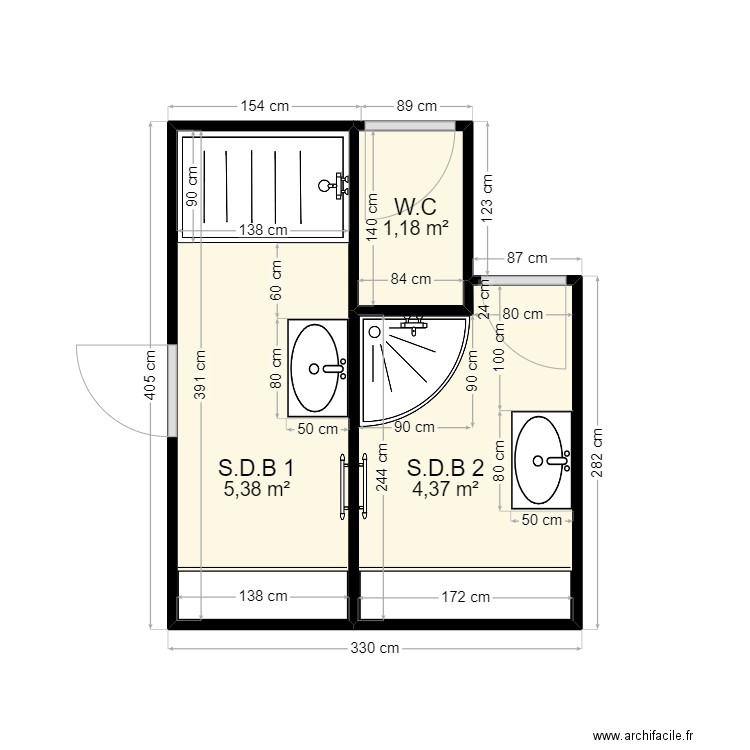 2 S.D.B + WC. Plan de 3 pièces et 11 m2