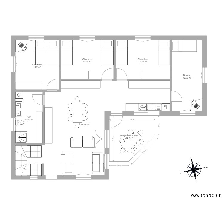 Maison en L 1er etage. Plan de 0 pièce et 0 m2