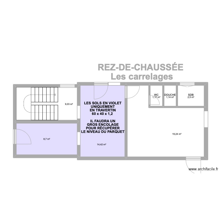 REZ-DE-CHAUSSÉ Les carrelages. Plan de 7 pièces et 56 m2