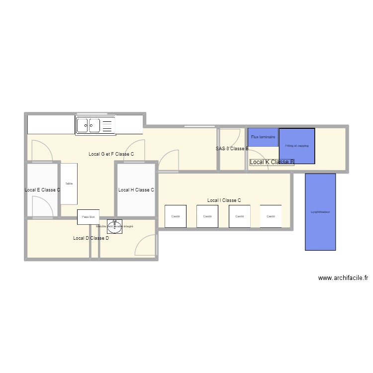 Salle Blanche Reprobiol Ouffet flux Vierge. Plan de 7 pièces et 49 m2