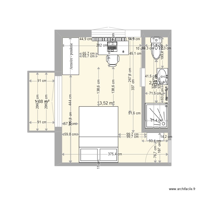 chambre sdd 3eme. Plan de 3 pièces et 18 m2