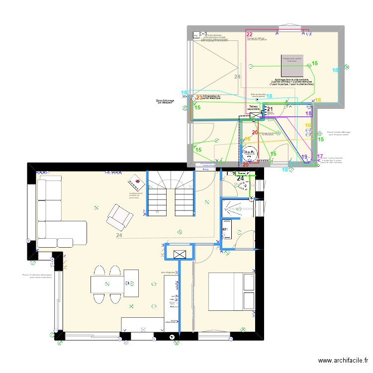 Réseau électrique Buanderie Garage Circuit 15 à 24. Plan de 11 pièces et 166 m2