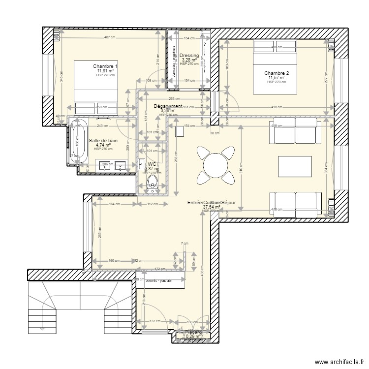 Colas projet seul. Plan de 8 pièces et 74 m2