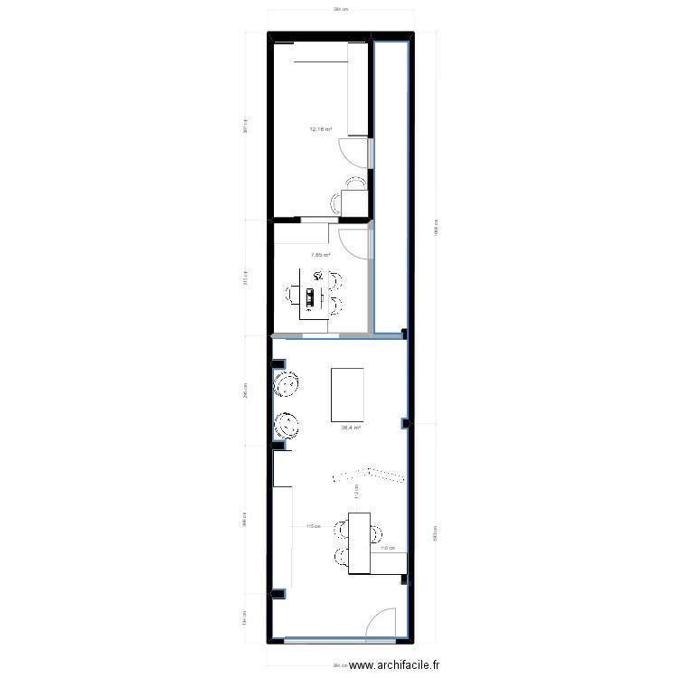 Boutique Vodje version 1. Plan de 3 pièces et 56 m2