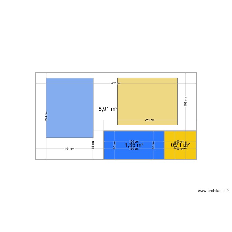 mur du fond. Plan de 3 pièces et 11 m2