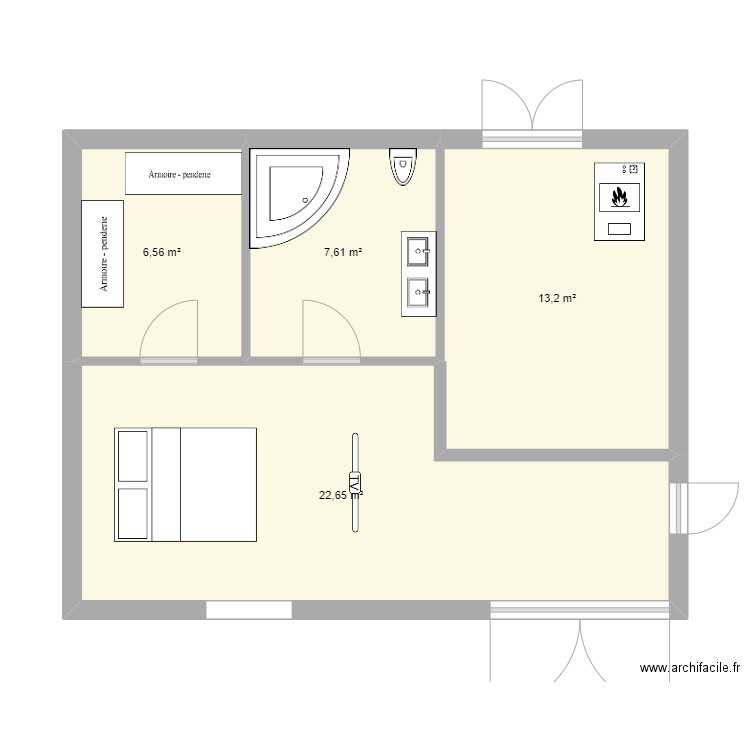 projet chambre 2. Plan de 4 pièces et 50 m2