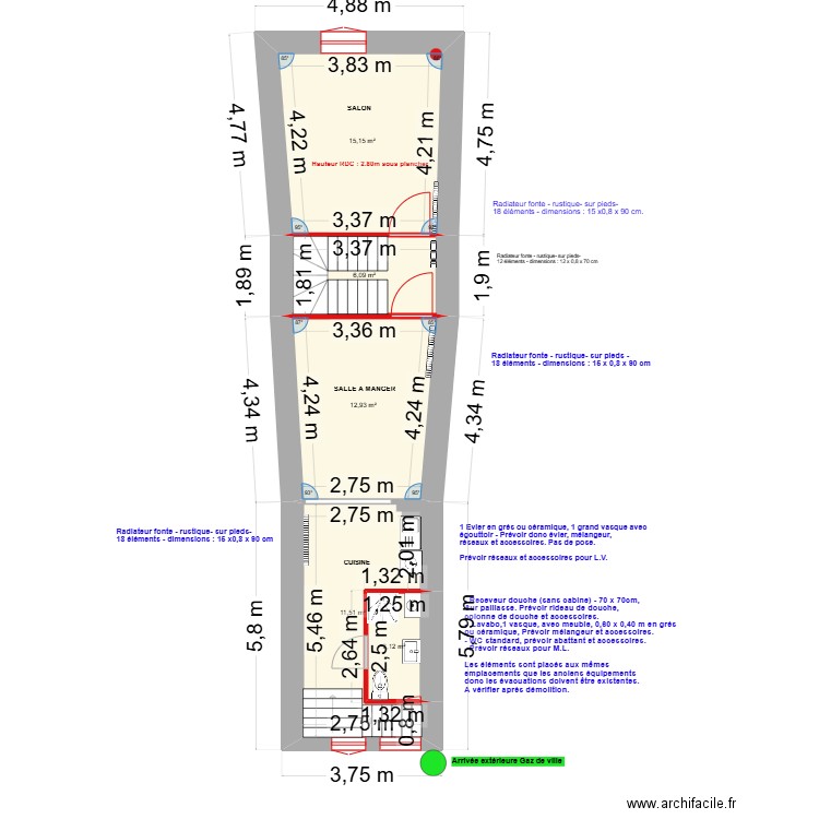 T5 - RDC - plomberie, sanitaire, chauffage. Plan de 5 pièces et 49 m2