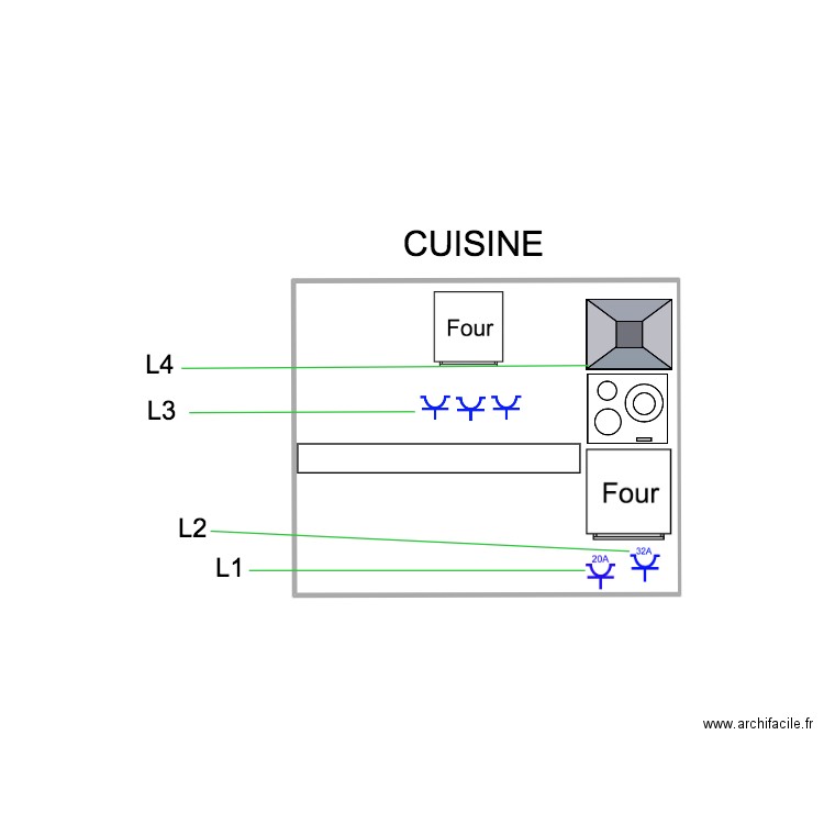 Plan elec cuisine. Plan de 1 pièce et 6 m2