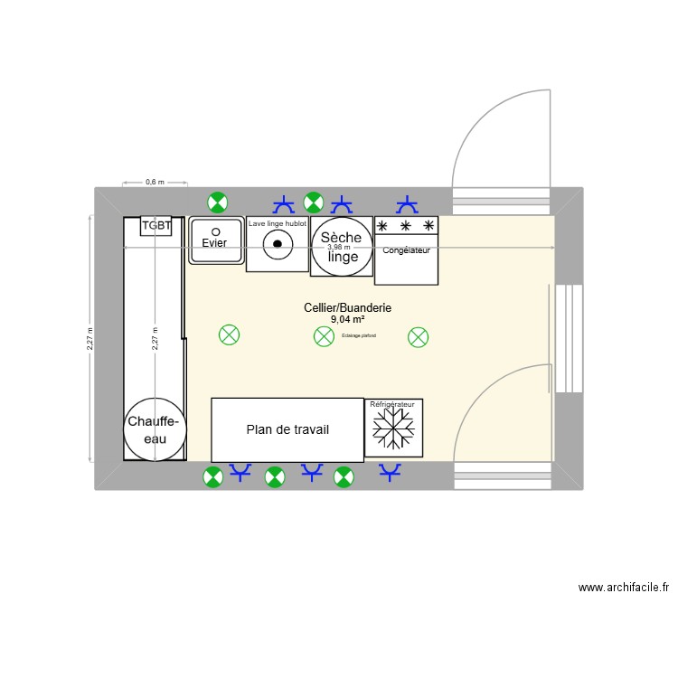 Cellier Buanderie. Plan de 1 pièce et 9 m2