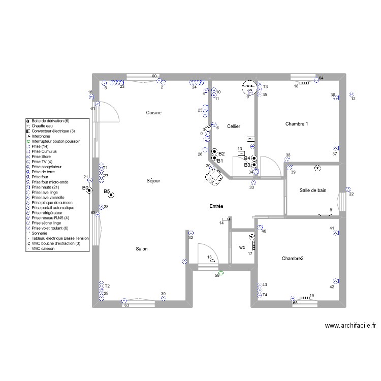  prise de courant doridant. Plan de 5 pièces et 75 m2