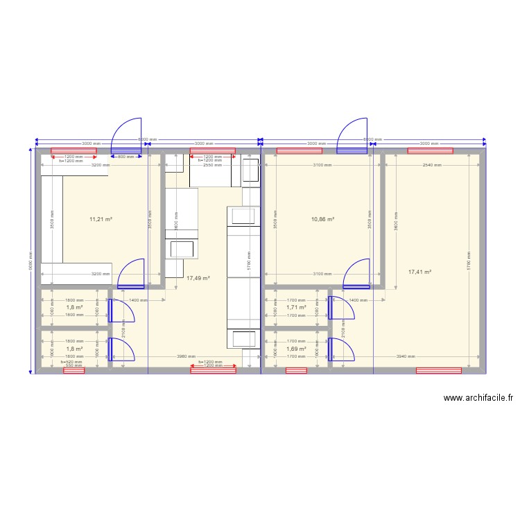 6х12. Plan de 8 pièces et 64 m2