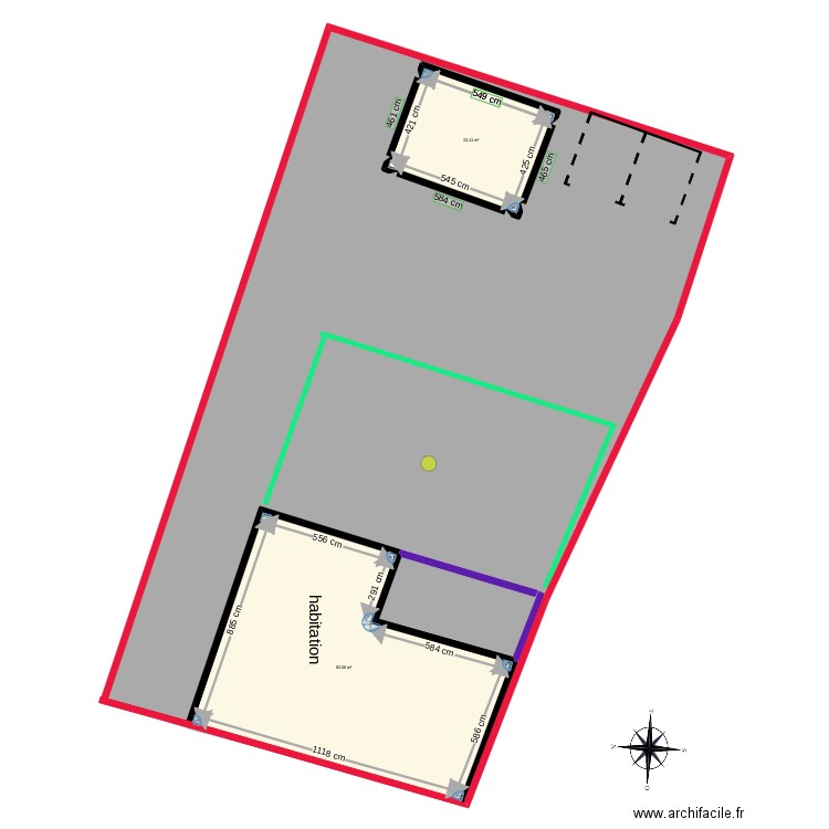 situation. Plan de 2 pièces et 105 m2