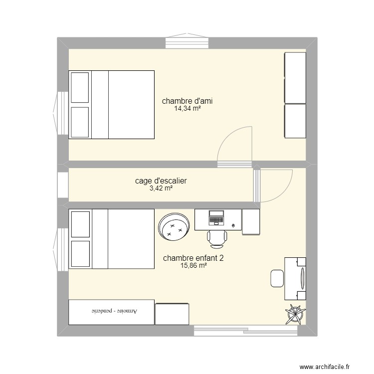 deuxième. Plan de 3 pièces et 34 m2