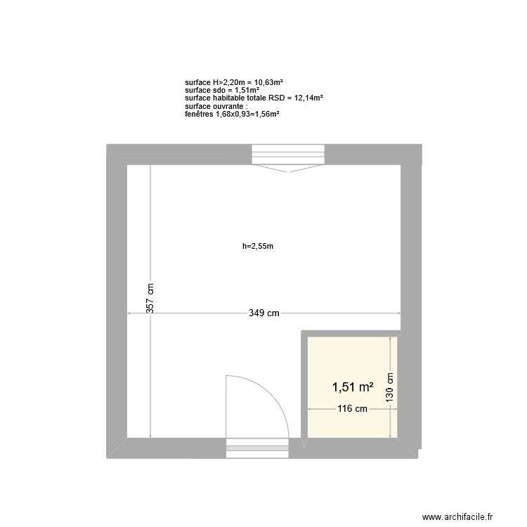 20 Jean Jaurès Etage 1 porte 2. Plan de 1 pièce et 2 m2