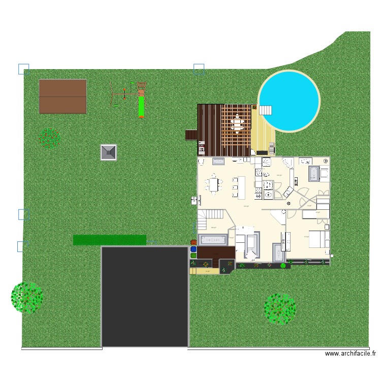 Plan maison extérieur et rez-de-chaussée. Plan de 20 pièces et 223 m2
