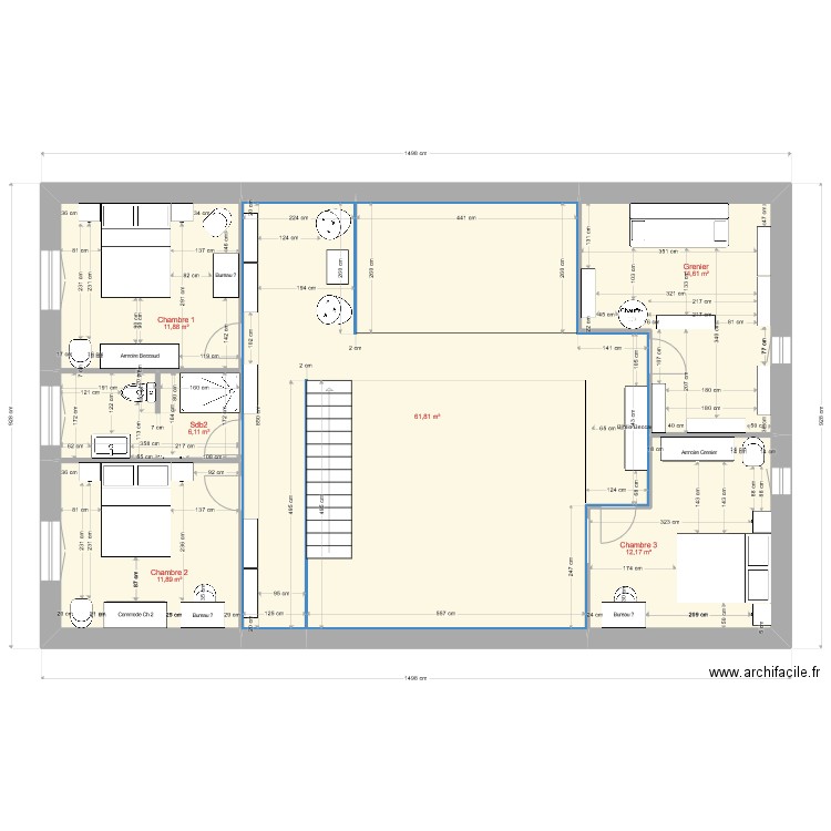 étage bis. Plan de 6 pièces et 118 m2