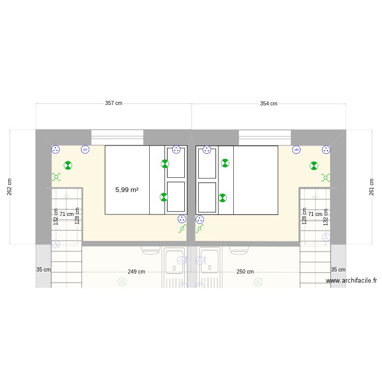 Studio + mezz. Plan de 6 pièces et 44 m2