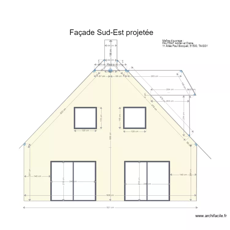 Facade SE projet&eacute;e. Plan de 
