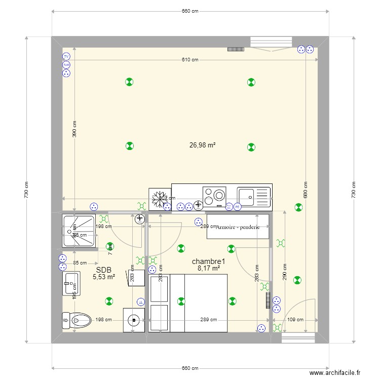 t2 premier etage modifie. Plan de 3 pièces et 41 m2