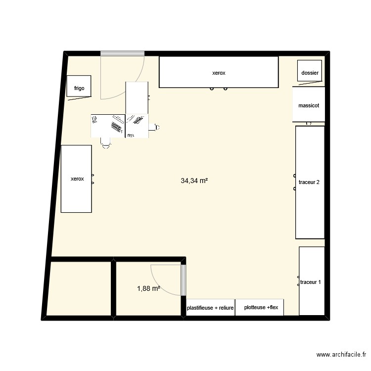 Réagencement caninformatique. Plan de 2 pièces et 36 m2