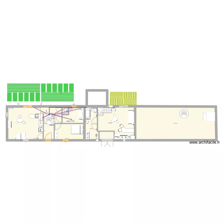 Projet . rez de chauss&eacute;e maison avec escalier colimacon plomberie. Plan de 