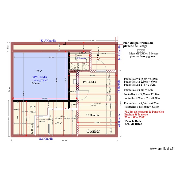 Poutrelle et Hourdis. Plan de 7 pièces et 57 m2