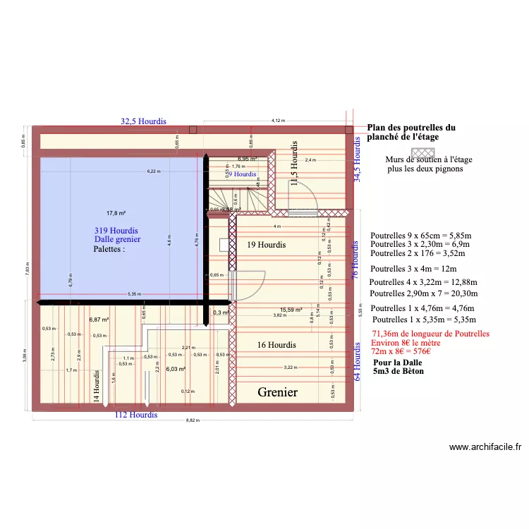 Poutrelle et Hourdis. Plan de 7  et 57 m²