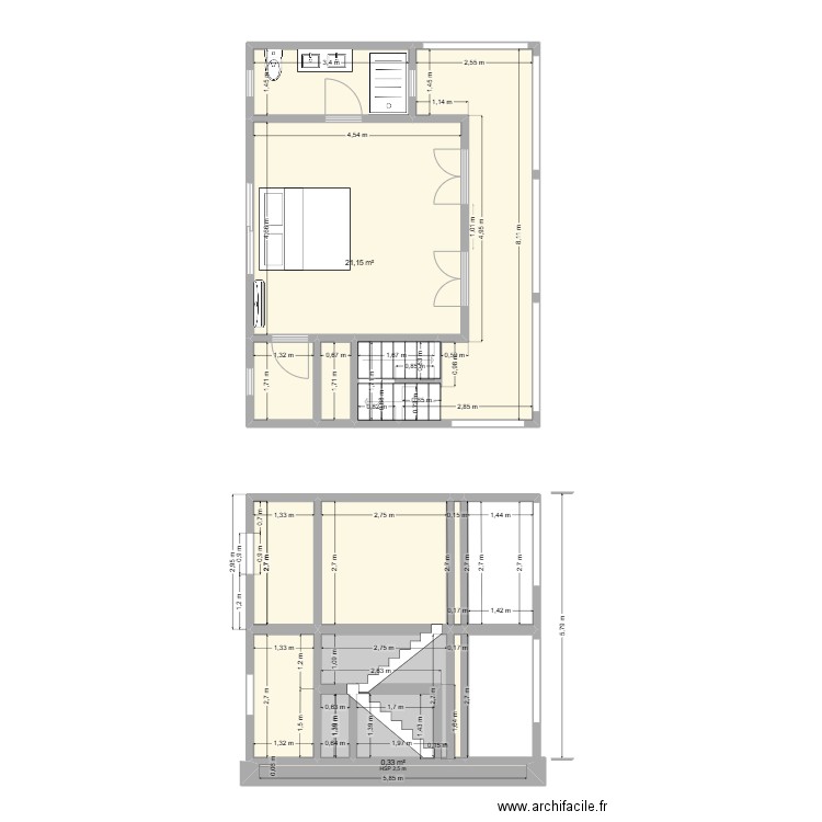 Maison hotte coupe escalier. Plan de 15 pièces et 72 m2