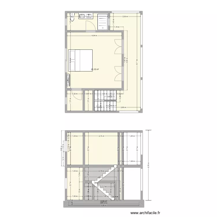 Maison hotte coupe escalier. Plan de 