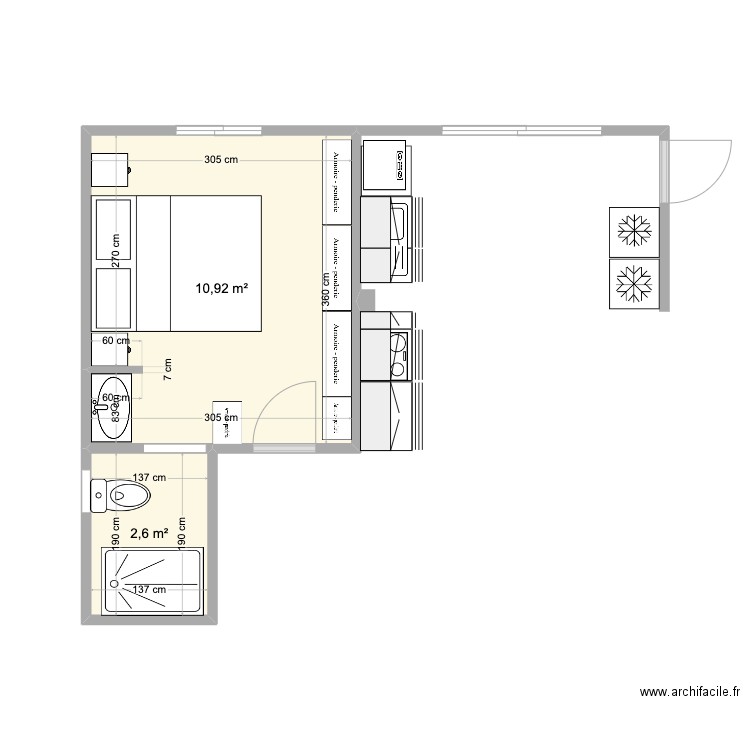 Biarritz cuisine. Plan de 2 pièces et 14 m2